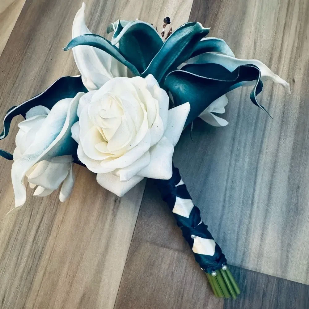 Teal White Floral Calla Lily Rose Wedding Bridal Bouquet